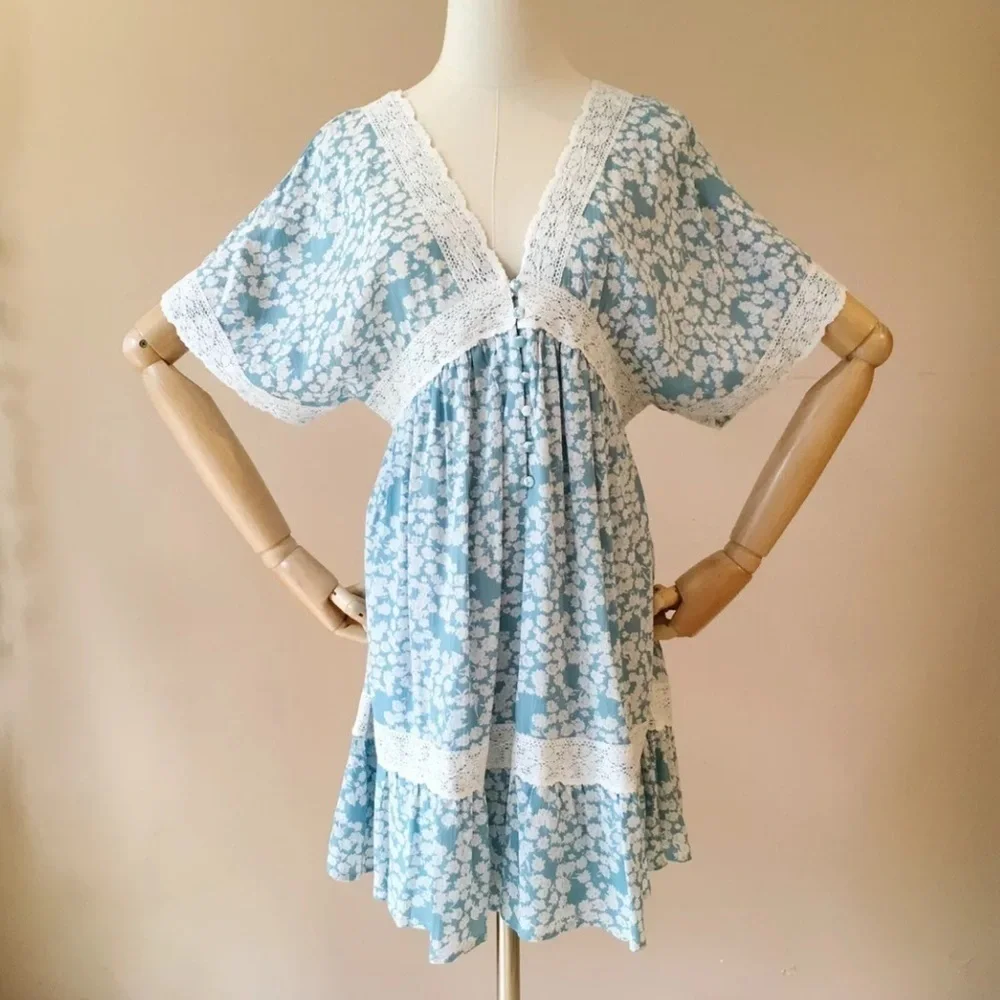 NEW cottage floral print mini dress v neck boho S M L - Picture 3 of 4